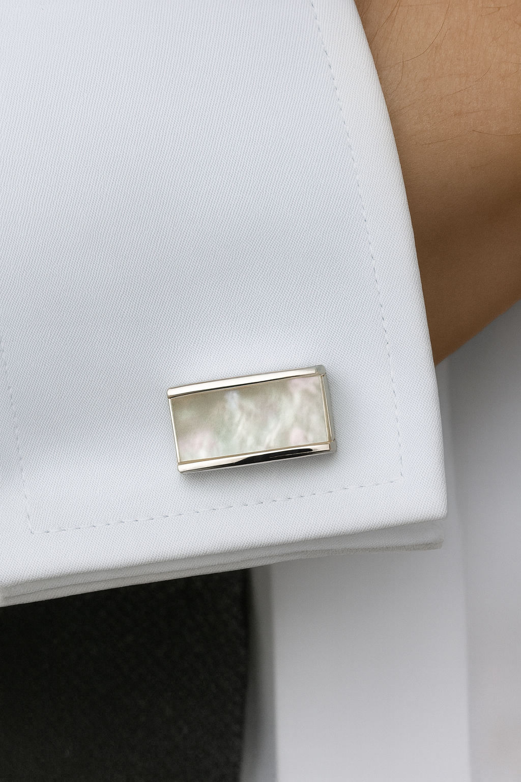 Polished Silvertone Cuff Links with Genuine White Mother-of-Pearl Inlay