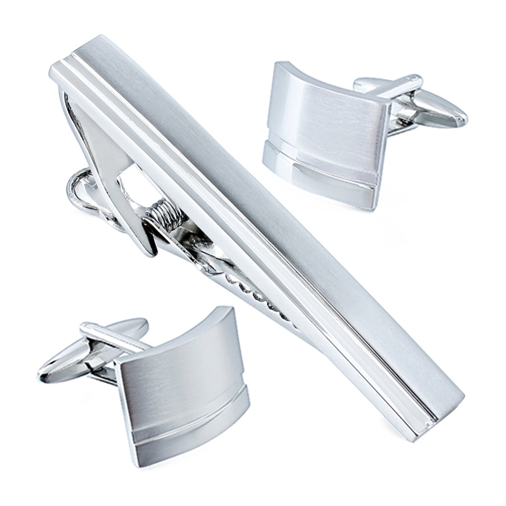 Polished/Satin Silvertone Curved Cuff Links & Tie Bar Set – Men’s Classic Formal Jewelry Gift Set
