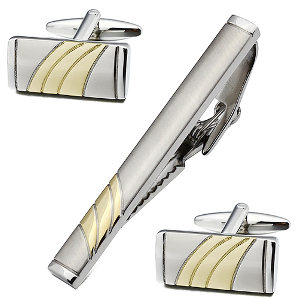 Satin Silvertone & Polished Goldtone Cuff Links & Tie Bar Set – Two-Tone Men’s Formal Accessory Gift Set