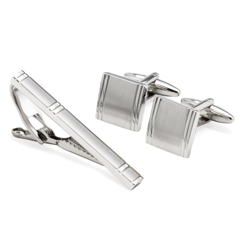 Silvertone Cuff Links & Tie Bar Set – Men’s Classic Formal Accessory