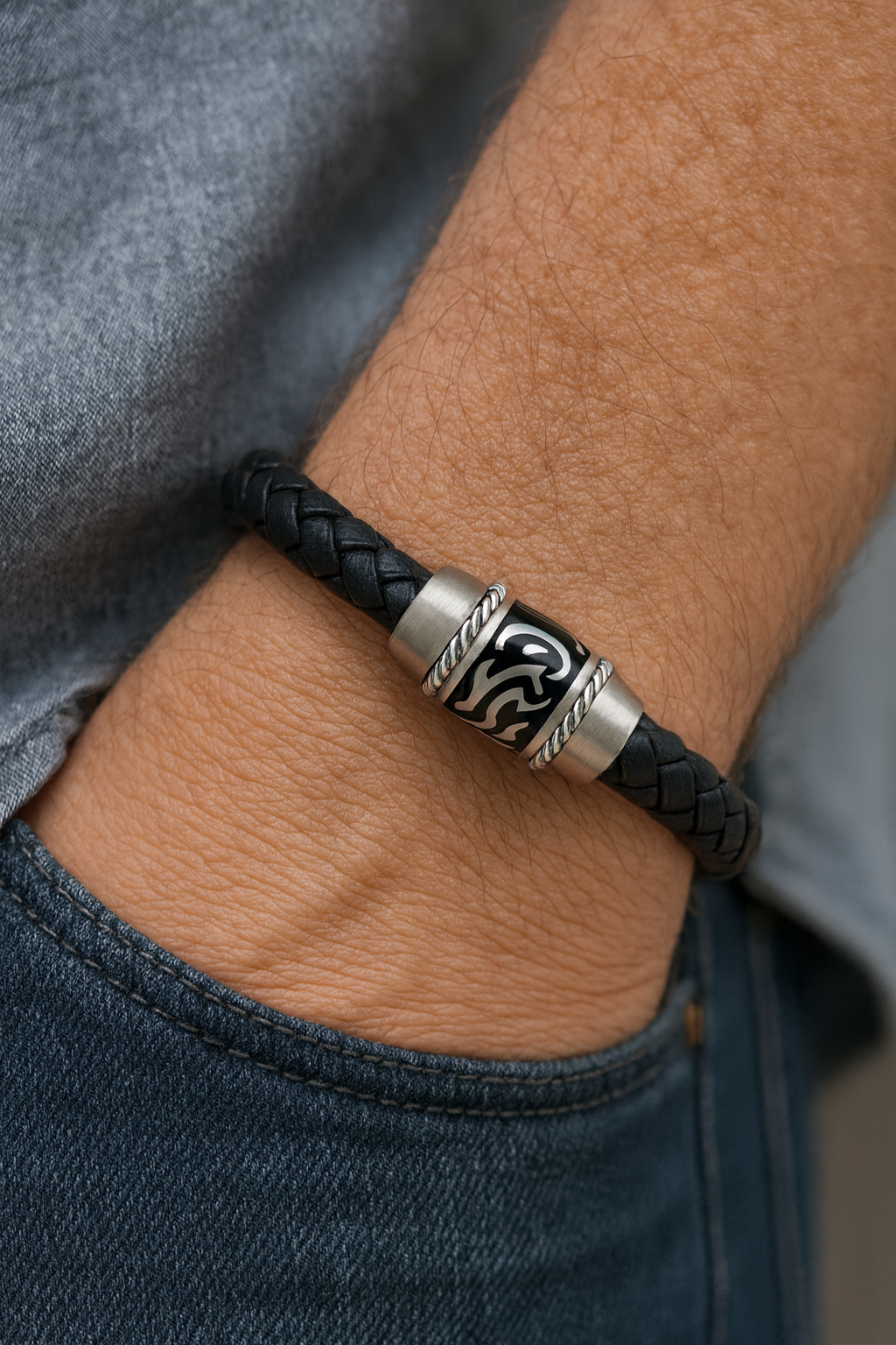 Black Braided Leather Bracelet with Stainless Steel Magnetic Tattoo Clasp