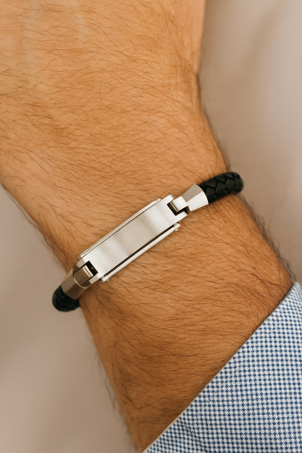 Braided Black Leather Bracelet with Satin Silvertone and Polished ID Plaque