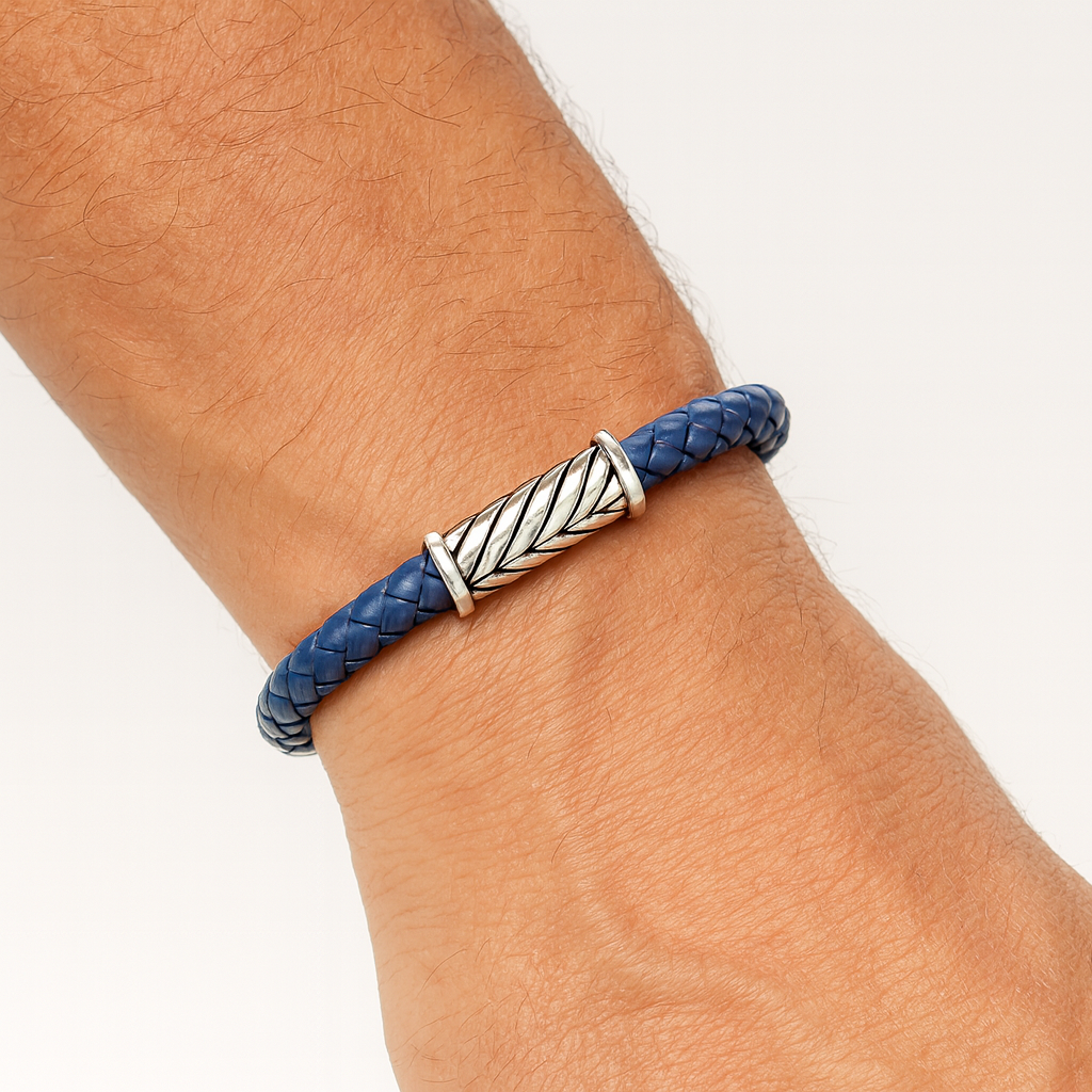 Blue Braided Leather Bracelet with Polished Stainless Steel Magnetic Connector and Black Detail
