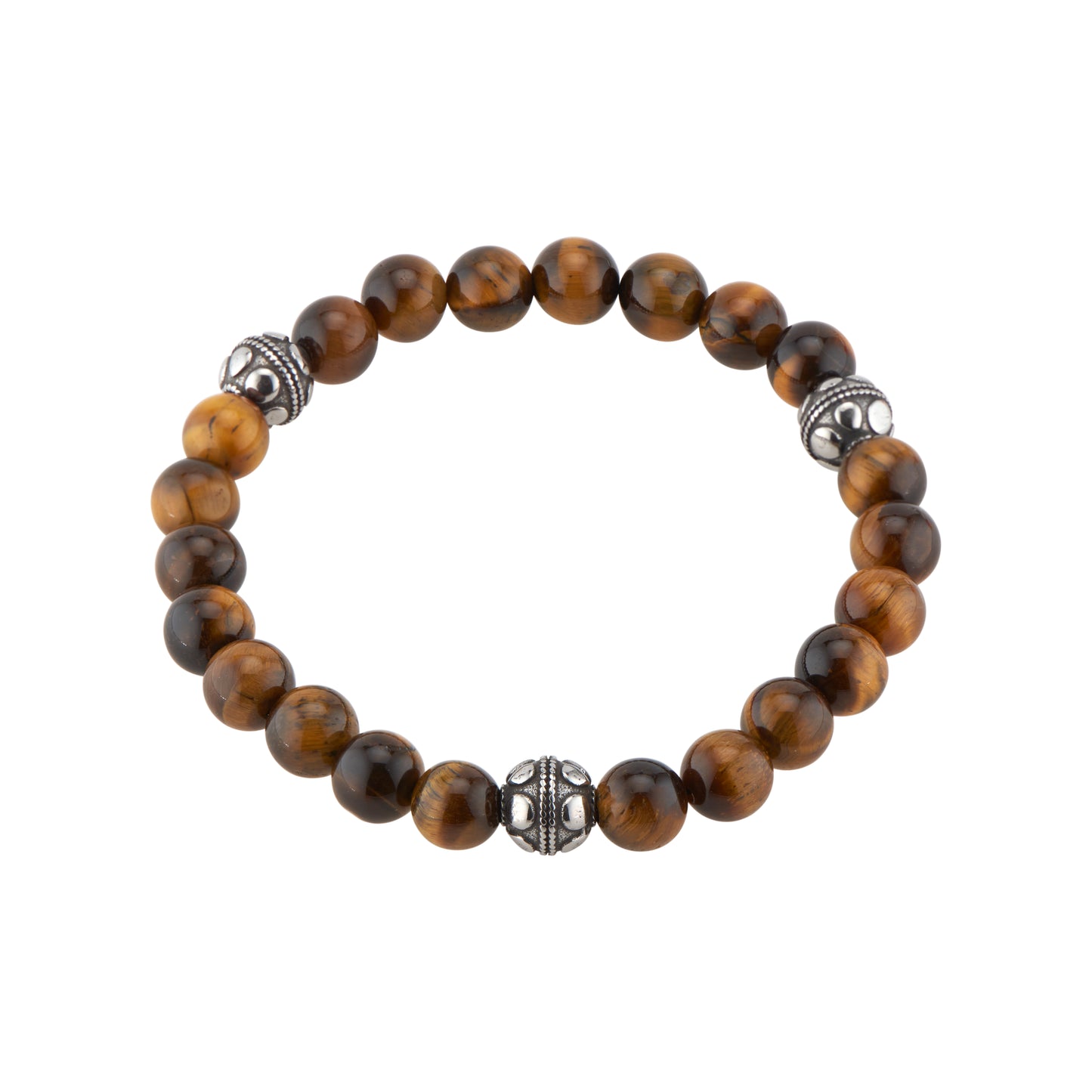 8.5mm Tiger Eye Bead Bracelet with Three Stainless Steel Accent Beads