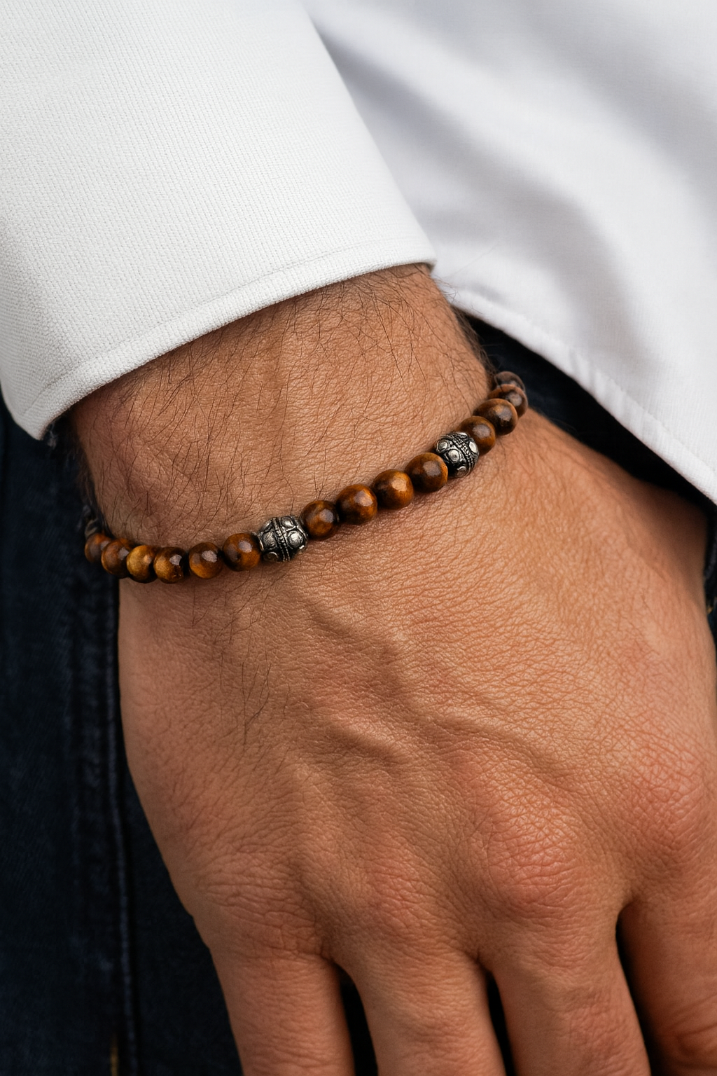8.5mm Tiger Eye Bead Bracelet with Three Stainless Steel Accent Beads
