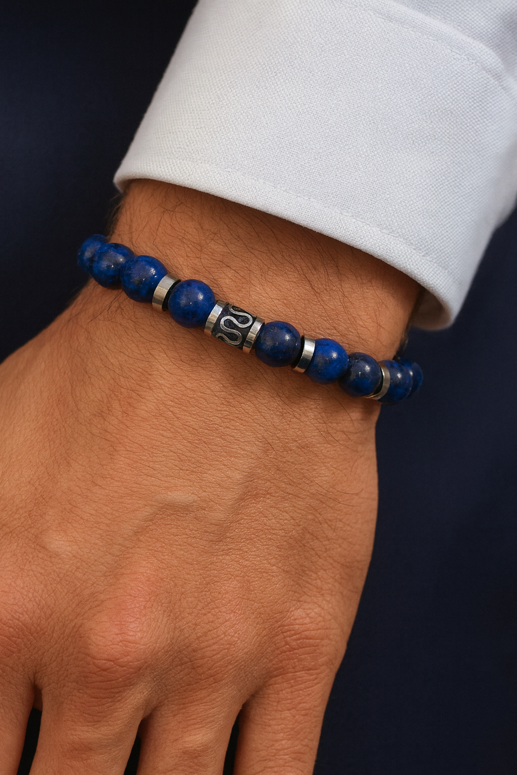 8.5mm Lapis Bead Bracelet with Nine Stainless Steel Accent Beads