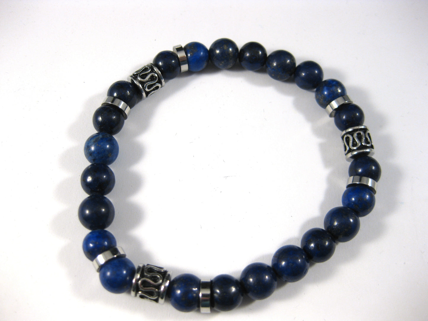 8.5mm Lapis Bead Bracelet with Nine Stainless Steel Accent Beads