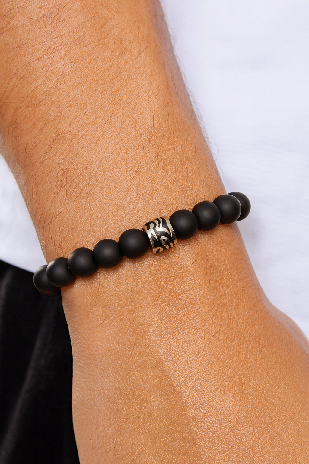 10mm Matte Black Onyx Bead Bracelet with Stainless Steel Tattoo Accent