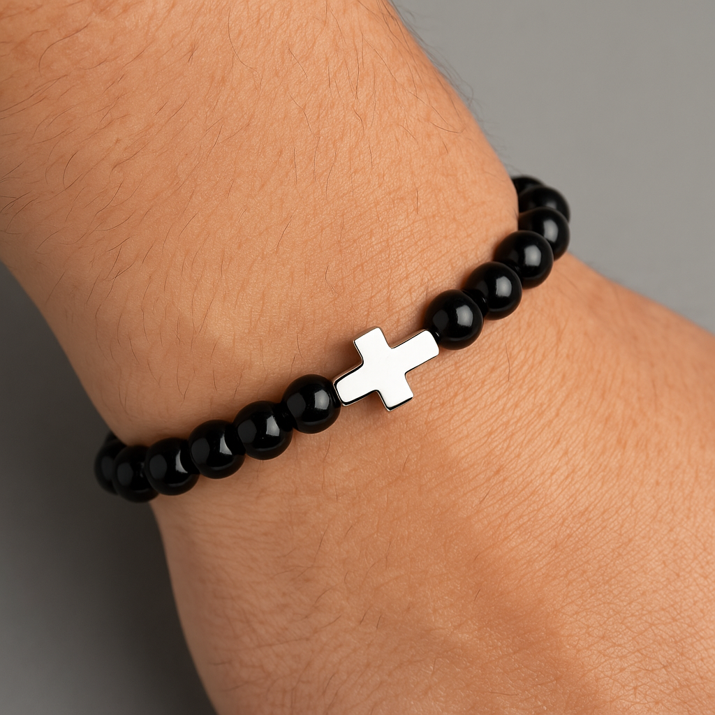Polished Black Onyx Bead Bracelet with Stainless Steel Horizontal Cross