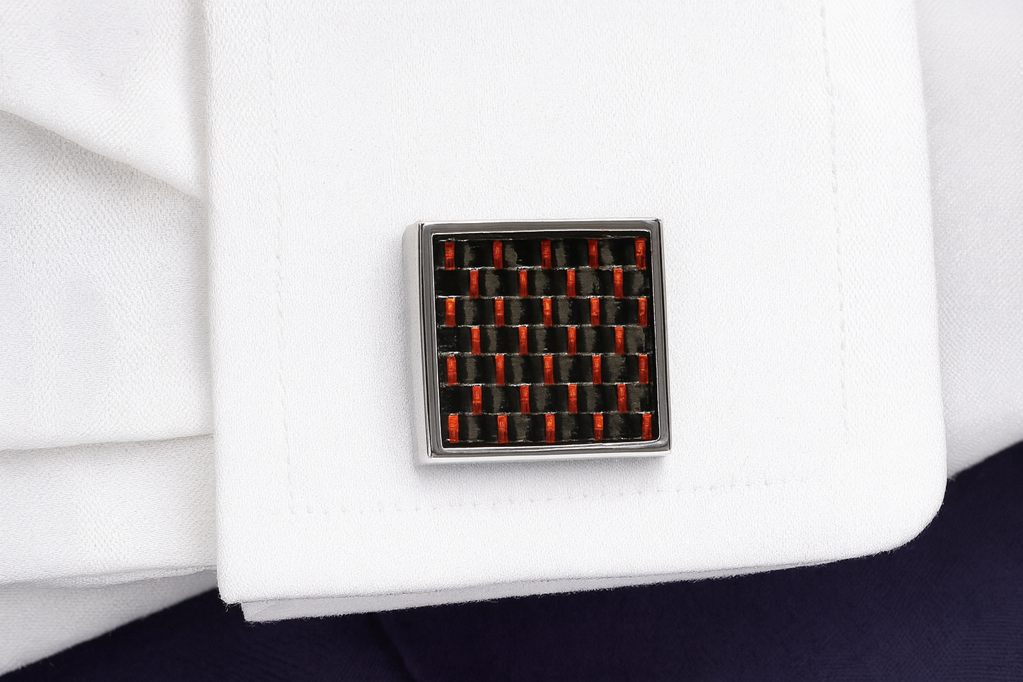 Square Stainless Steel Cuff Links with Red & Black Carbon Fiber Inlay