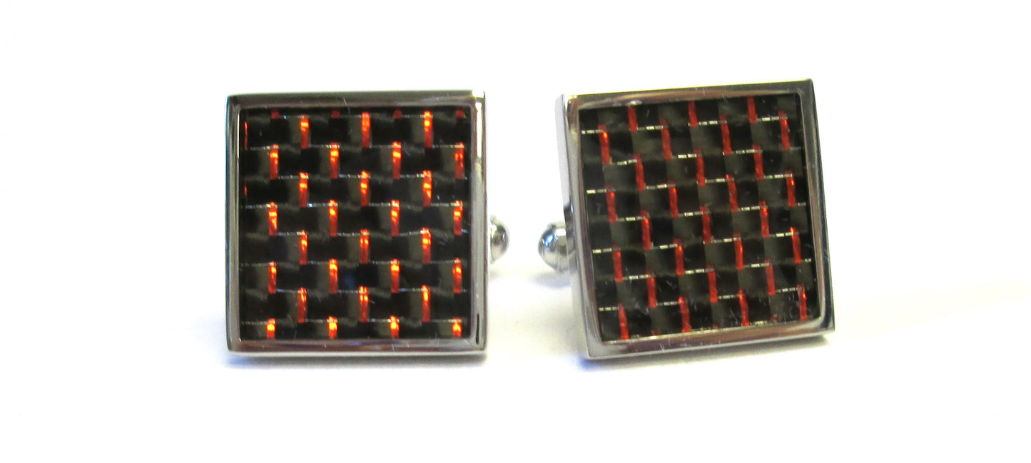 Square Stainless Steel Cuff Links with Red & Black Carbon Fiber Inlay