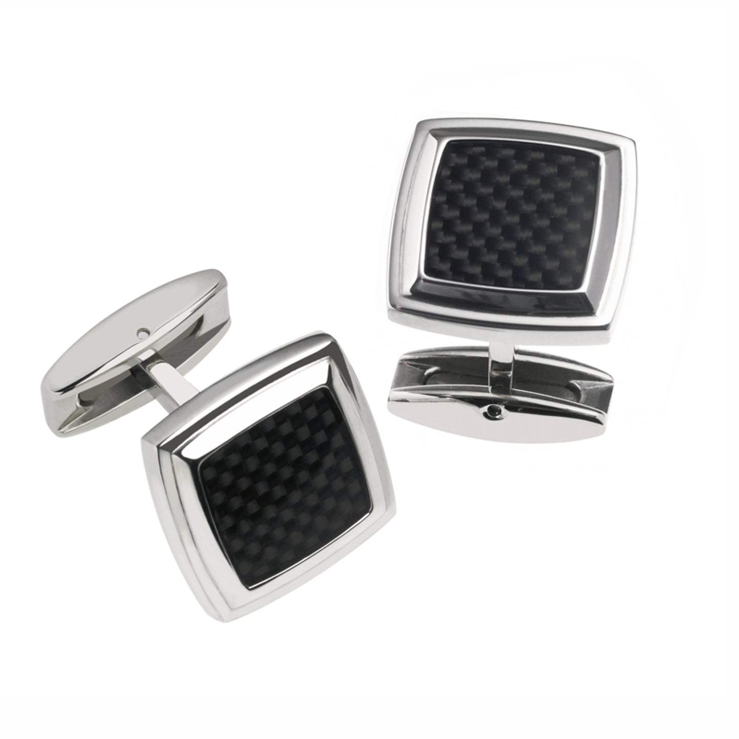 Polished Stainless Steel Cushioned Stepped Cuff Links with Black Carbon Fiber Center