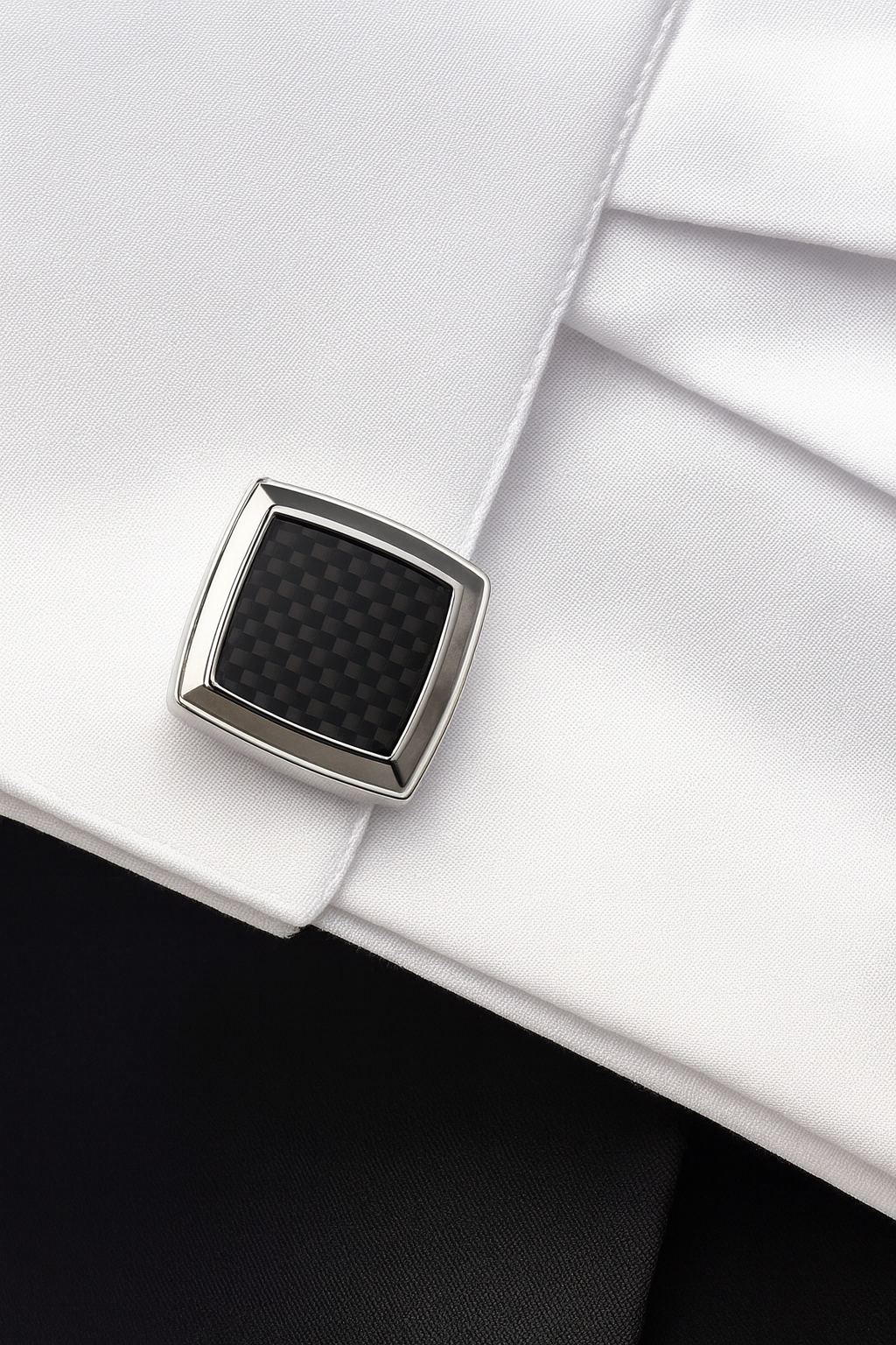 Polished Stainless Steel Cushioned Stepped Cuff Links with Black Carbon Fiber Center