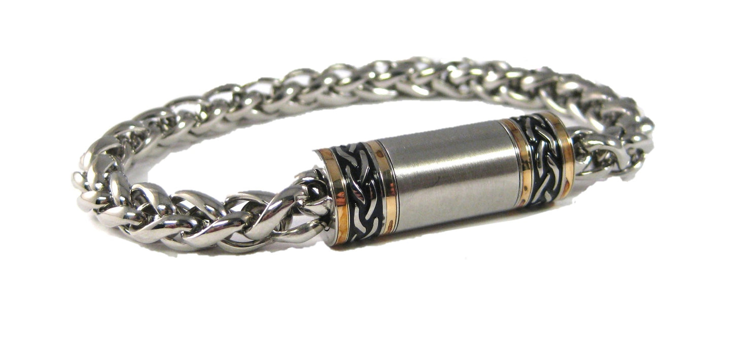 Polished Stainless Steel Wheat Chain Bracelet with Antique Celtic Design and 14KT Gold Accents – Magnetic Closure