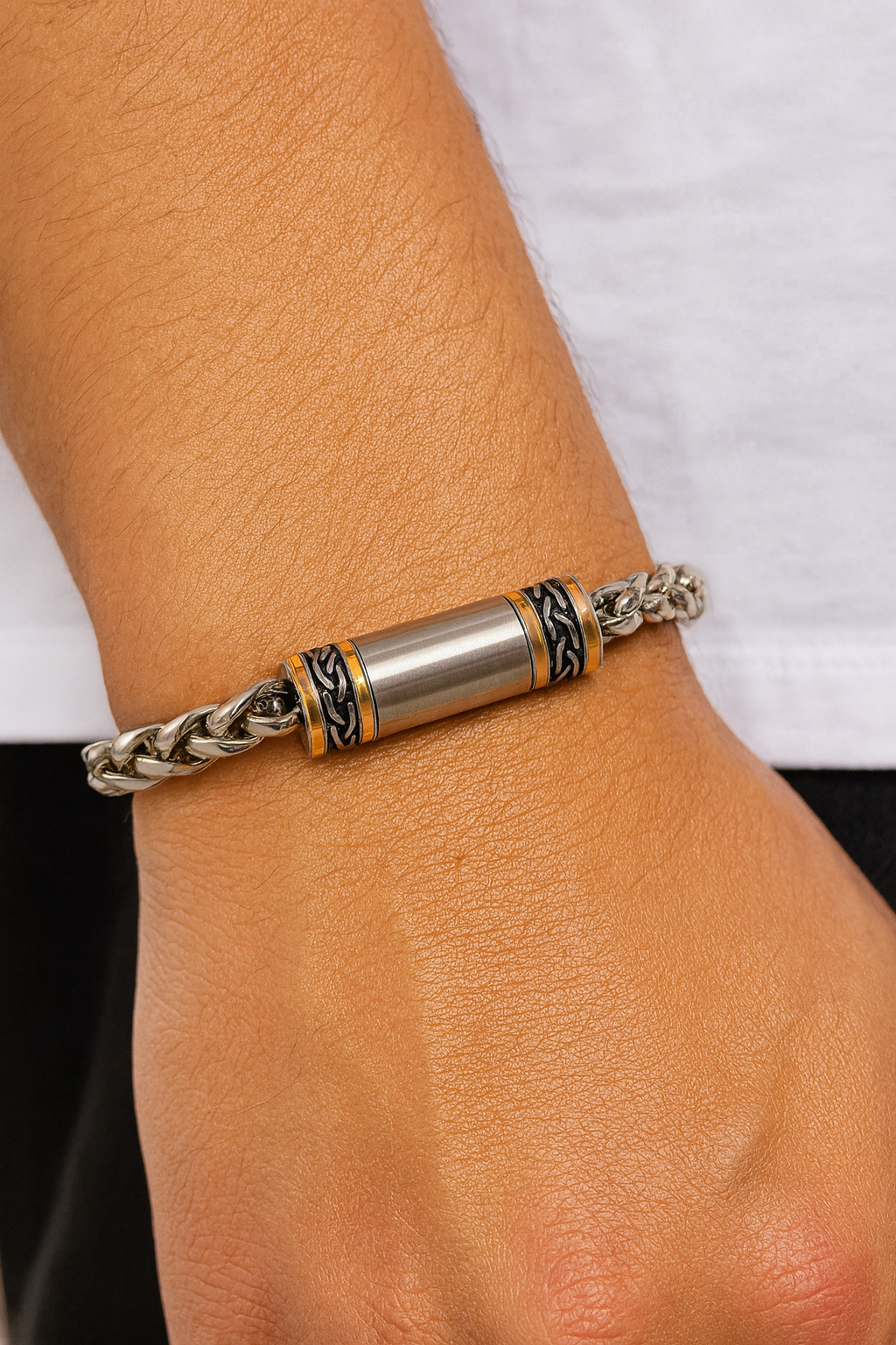 Polished Stainless Steel Wheat Chain Bracelet with Antique Celtic Design and 14KT Gold Accents – Magnetic Closure