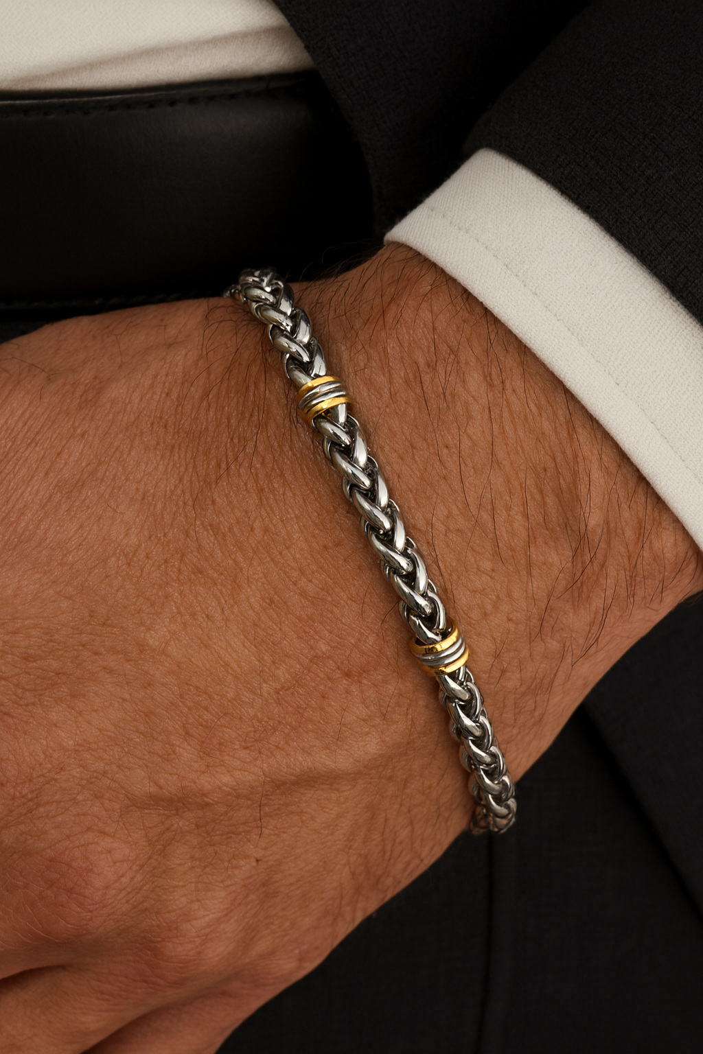 Polished Stainless Steel Wheat Chain Bracelet with Four 14KT Gold Accent Stations and Lobster Claw Closure