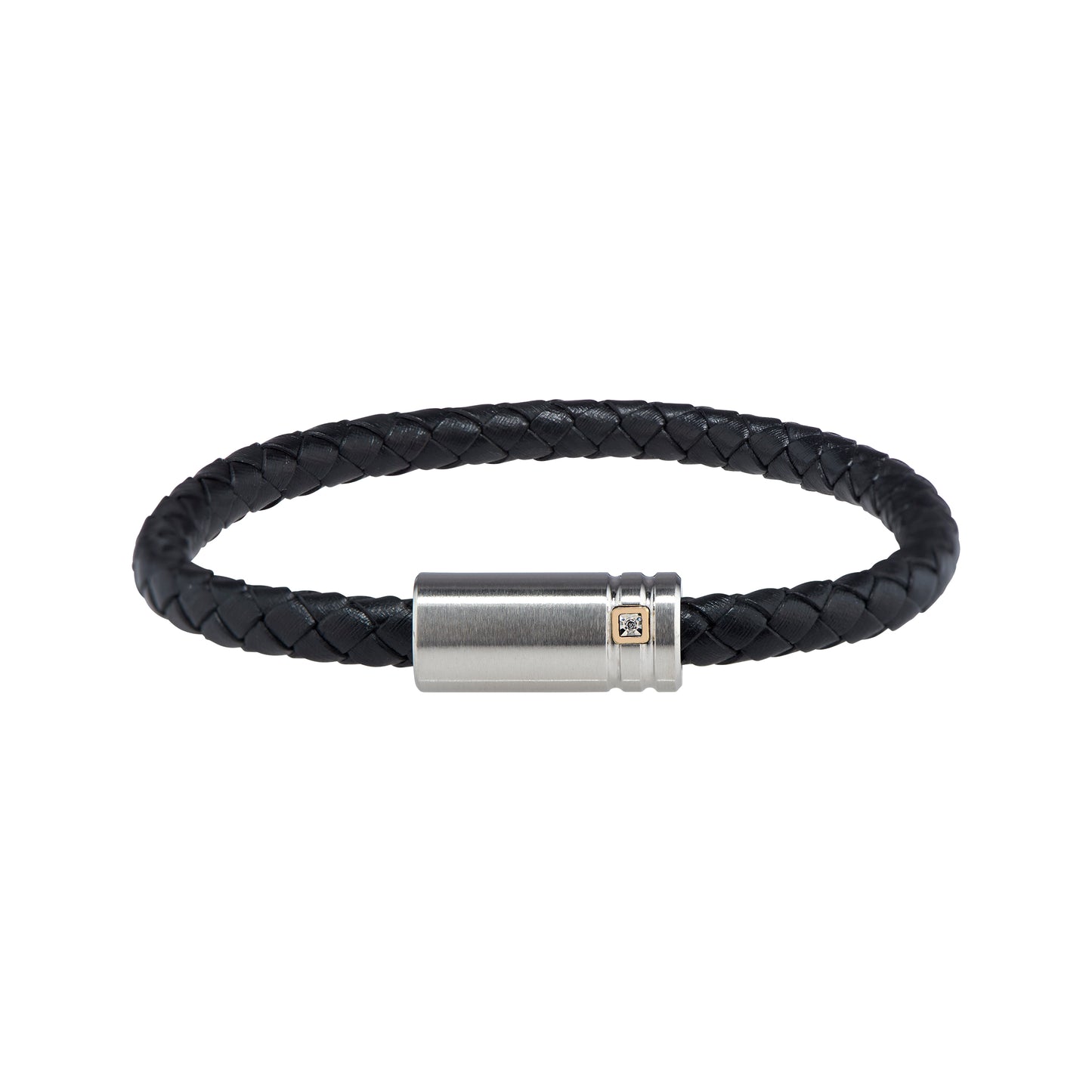 Black Braided Leather Bracelet with Brushed Stainless Steel Magnetic Clasp and Genuine Diamond Accent in 14KT Gold