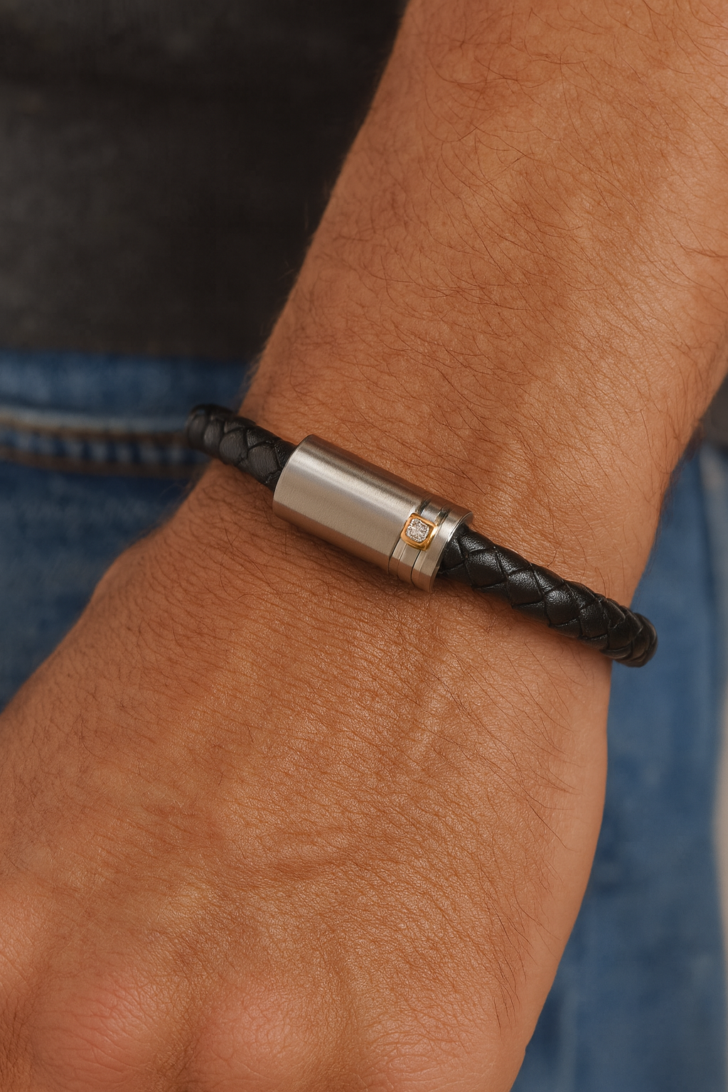 Black Braided Leather Bracelet with Brushed Stainless Steel Magnetic Clasp and Genuine Diamond Accent in 14KT Gold