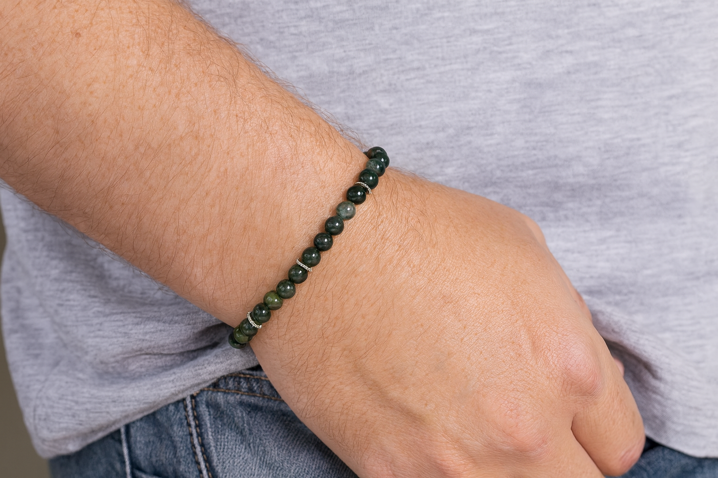 8.5mm Green Agate Bead Bracelet with Five Sterling Silver Spacers