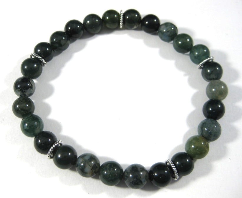 8.5mm Green Agate Bead Bracelet with Five Sterling Silver Spacers
