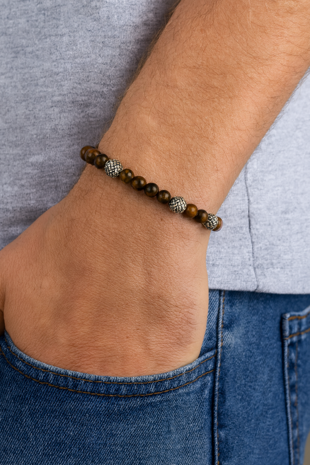 8.5mm Tiger Eye Bead Bracelet with Three Celtic Sterling Silver Accent Beads