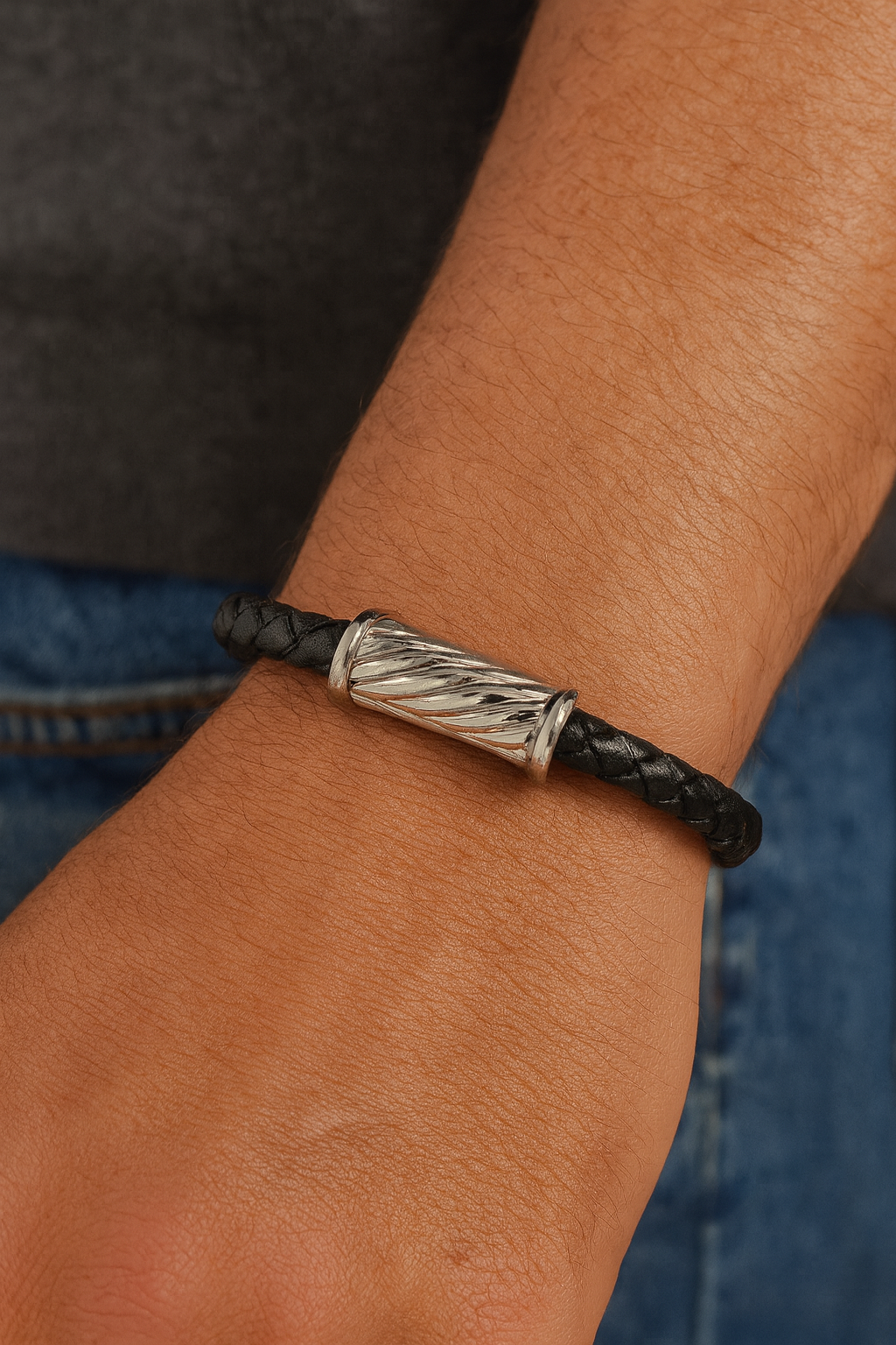 Black Braided Leather Bracelet with Polished Sterling Silver Herringbone Magnetic Clasp