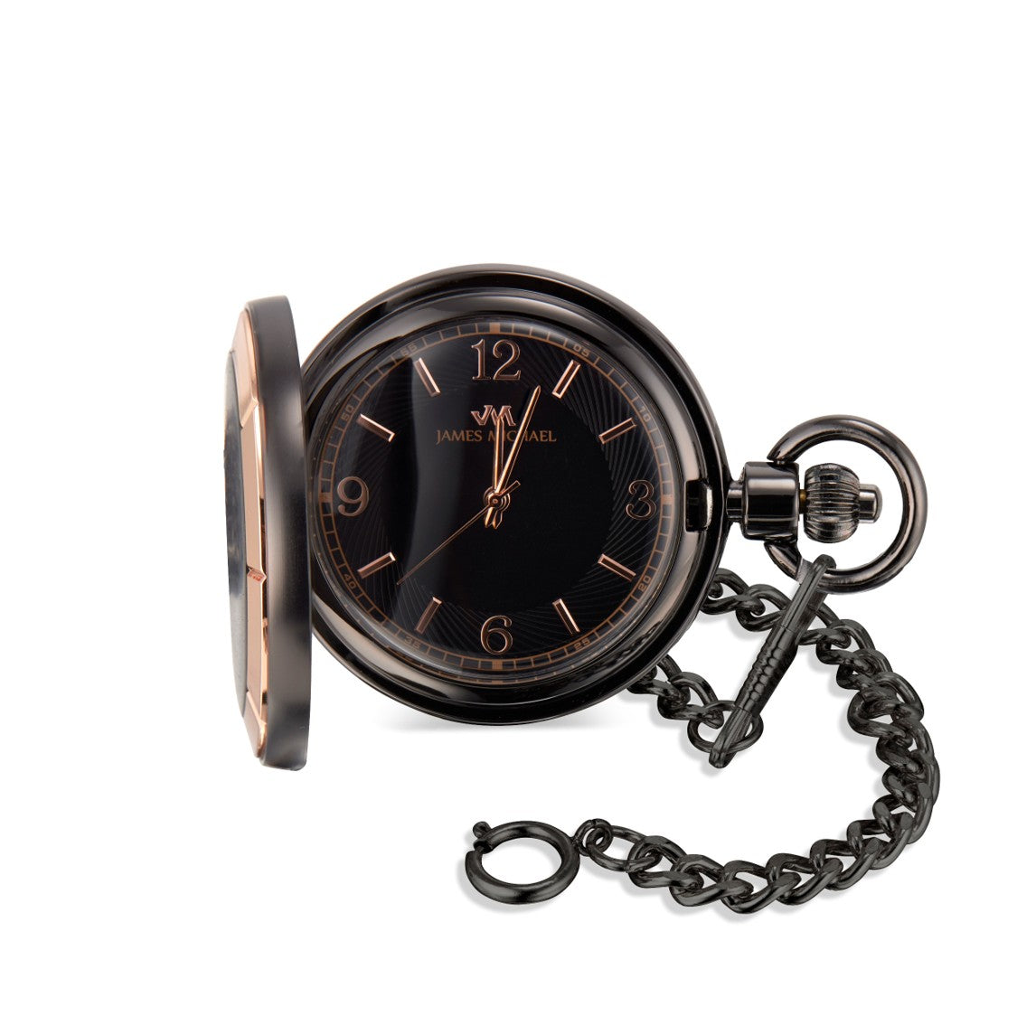 Satin Gunmetal Pocket Watch with Rose Gold Accents & Black Swirl Dial