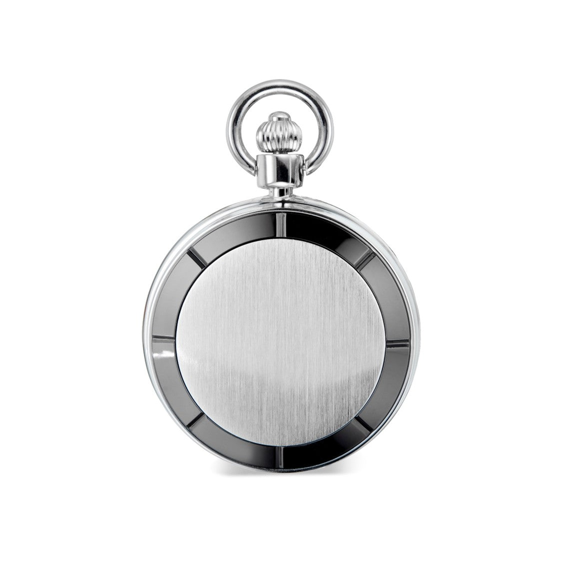 Satin Silvertone Pocket Watch with Polished Gunmetal Bezel & Black Grid Dial