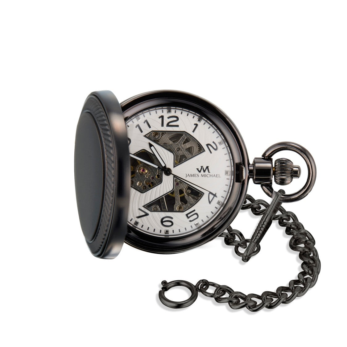 Satin Gunmetal Pocket Watch with Cable Bezel & White Skeleton Dial