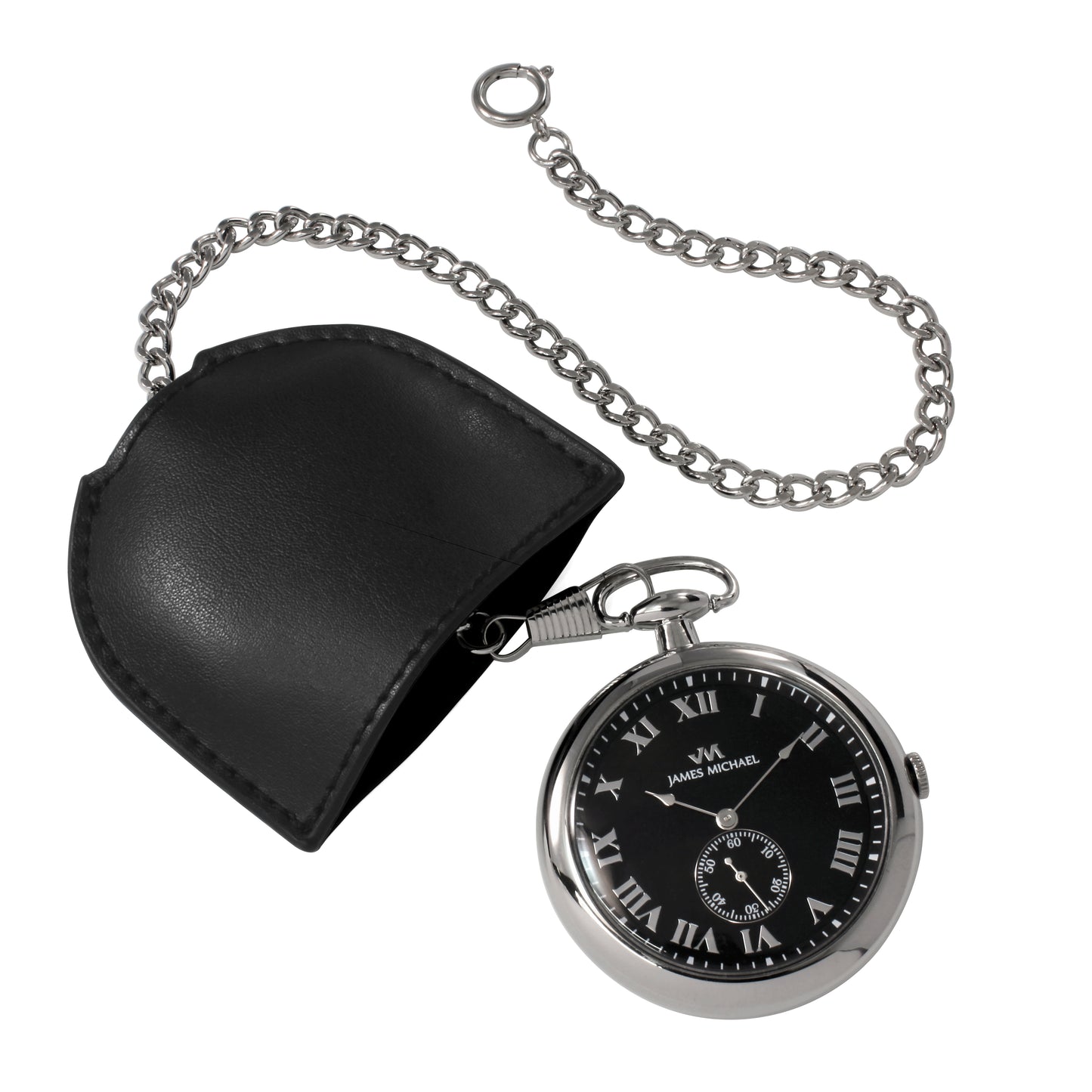 Polished Silvertone Open Face Pocket Watch With Leather Case