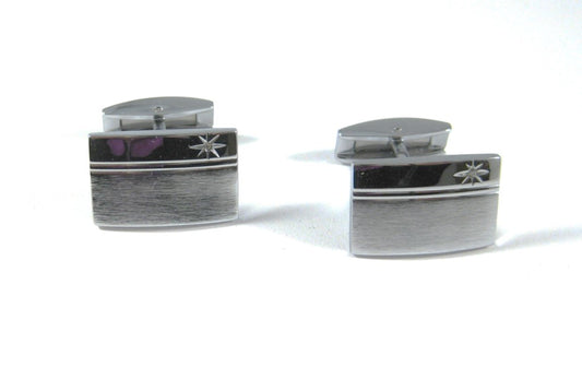Stainless Steel Silvertone Cuff Links — Brushed & Polished with Diamond Accent