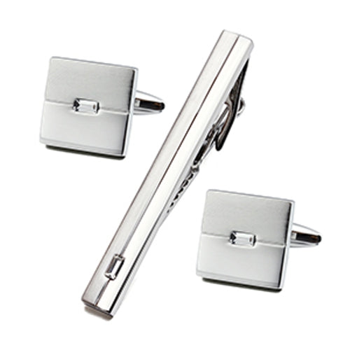 Polished/Satin Silvertone Cuff Links & Tie Bar Set with Crystal Baguettes – Men’s Formal Jewelry Gift Set