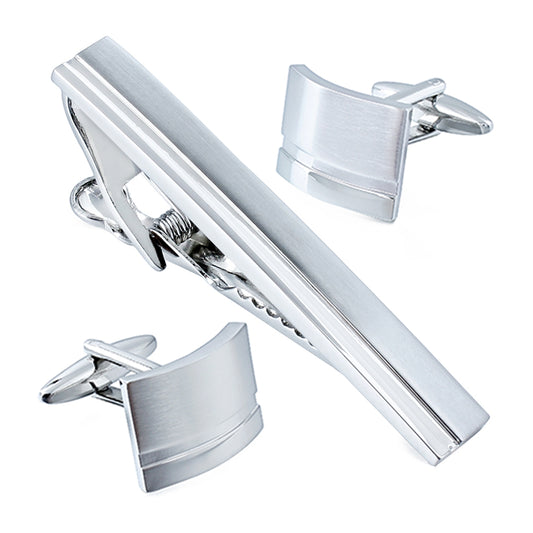 Polished/Satin Silvertone Curved Cuff Links & Tie Bar Set – Men’s Classic Formal Jewelry Gift Set