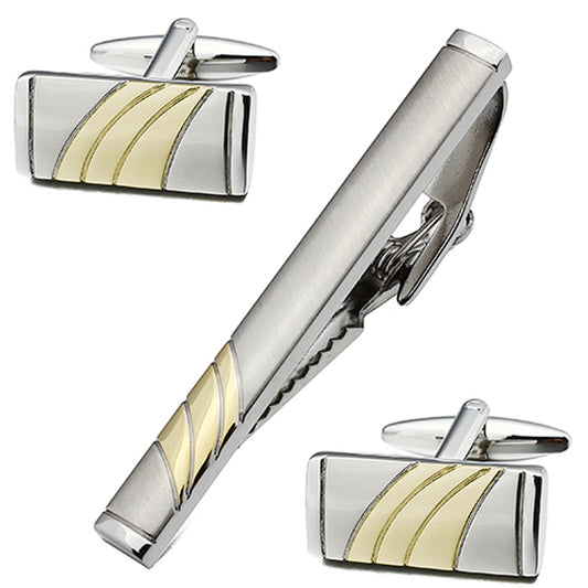 Satin Silvertone & Polished Goldtone Cuff Links & Tie Bar Set – Two-Tone Men’s Formal Accessory Gift Set