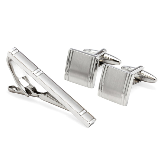 Silvertone Cuff Links & Tie Bar Set – Men’s Classic Formal Accessory