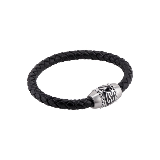 Black Braided Leather Bracelet with Stainless Steel Magnetic Tattoo Clasp
