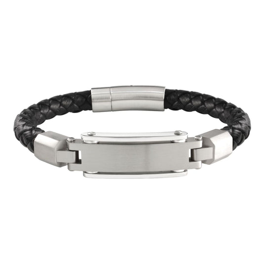 Braided Black Leather Bracelet with Satin Silvertone and Polished ID Plaque
