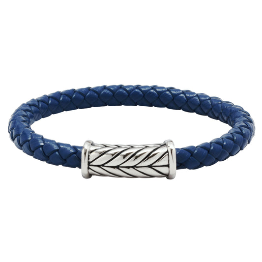 Blue Braided Leather Bracelet with Polished Stainless Steel Magnetic Connector and Black Detail