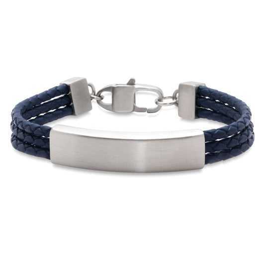 Triple Blue Braided Leather Bracelet with Brushed Stainless Steel ID Plaque and Lobster Claw Closure