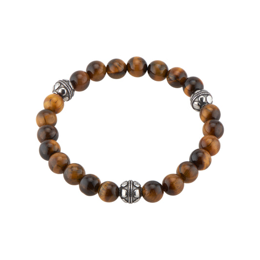 8.5mm Tiger Eye Bead Bracelet with Three Stainless Steel Accent Beads