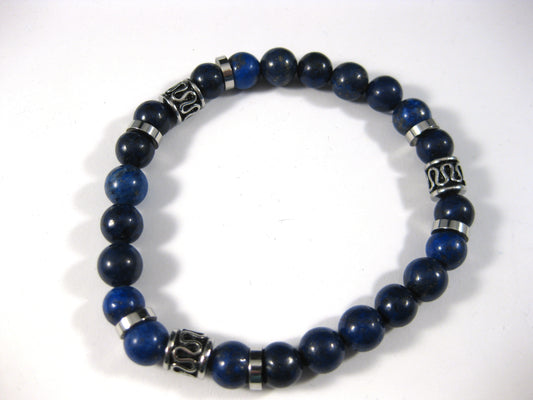 8.5mm Lapis Bead Bracelet with Nine Stainless Steel Accent Beads