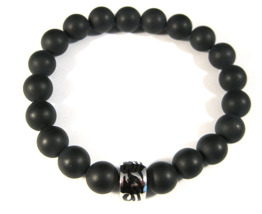 10mm Matte Black Onyx Bead Bracelet with Stainless Steel Tattoo Accent