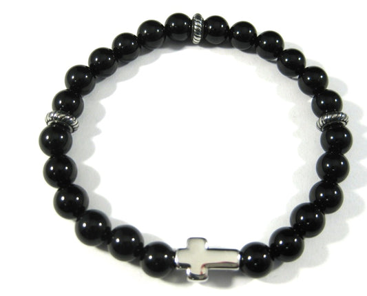 Polished Black Onyx Bead Bracelet with Stainless Steel Horizontal Cross