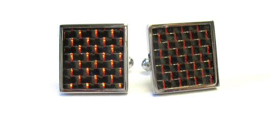 Square Stainless Steel Cuff Links with Red & Black Carbon Fiber Inlay