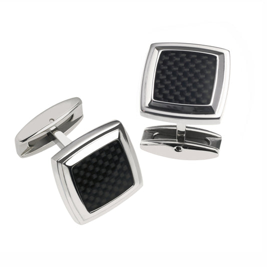 Polished Stainless Steel Cushioned Stepped Cuff Links with Black Carbon Fiber Center