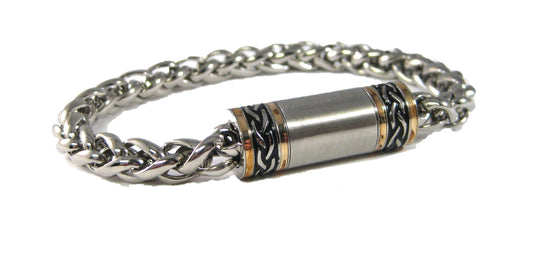 Polished Stainless Steel Wheat Chain Bracelet with Antique Celtic Design and 14KT Gold Accents – Magnetic Closure