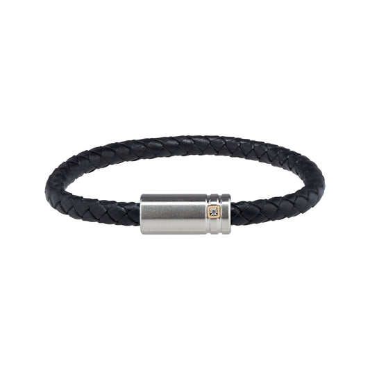 Black Braided Leather Bracelet with Brushed Stainless Steel Magnetic Clasp and Genuine Diamond Accent in 14KT Gold