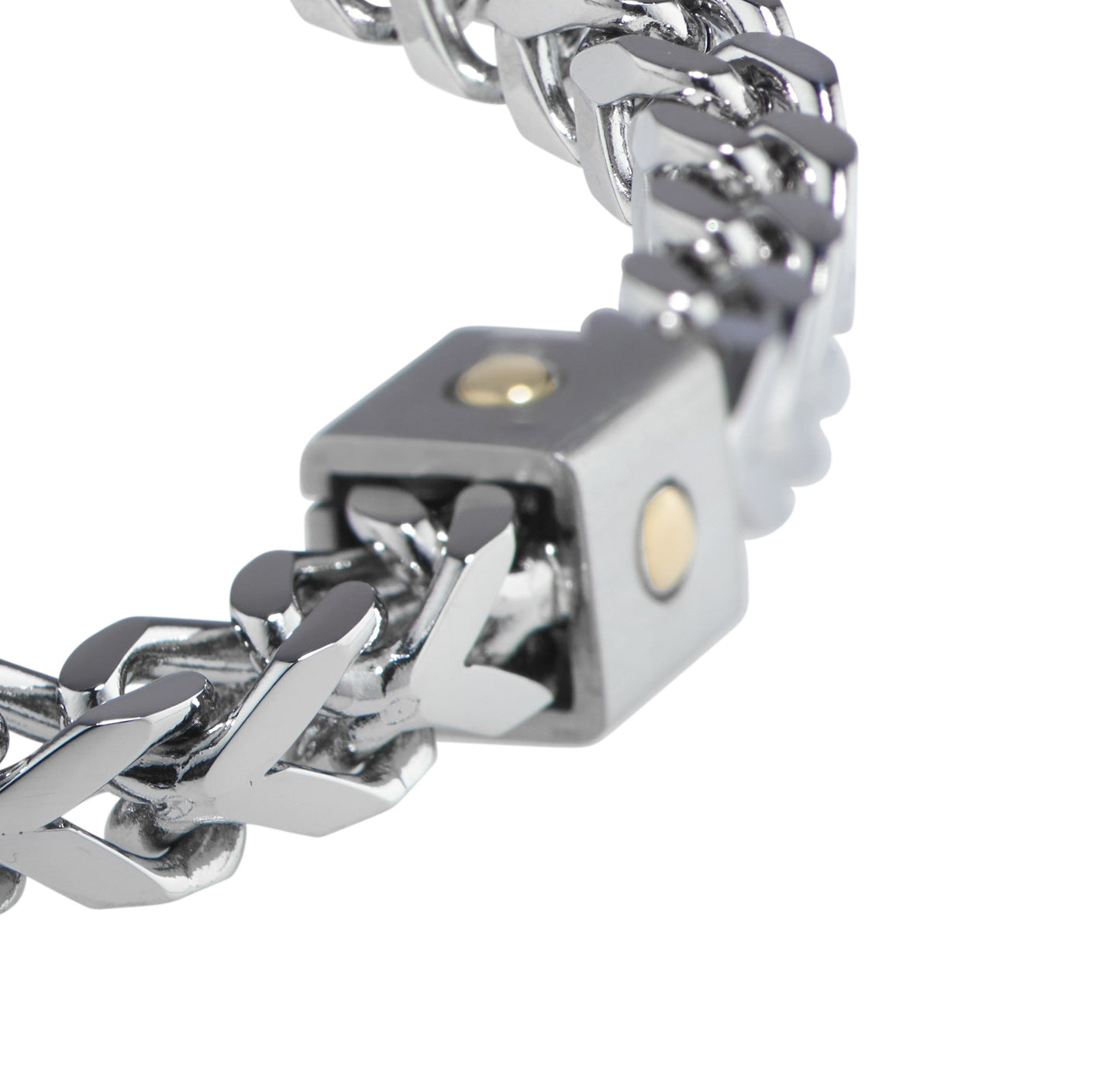 8.5" Stainless Steel Polished Square Curb Bracelet with Satin Stations & 14KT Gold Beads