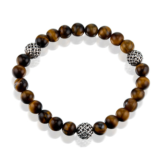 8.5mm Tiger Eye Bead Bracelet with Three Celtic Sterling Silver Accent Beads