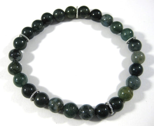 8.5mm Green Agate Bead Bracelet with Five Sterling Silver Spacers